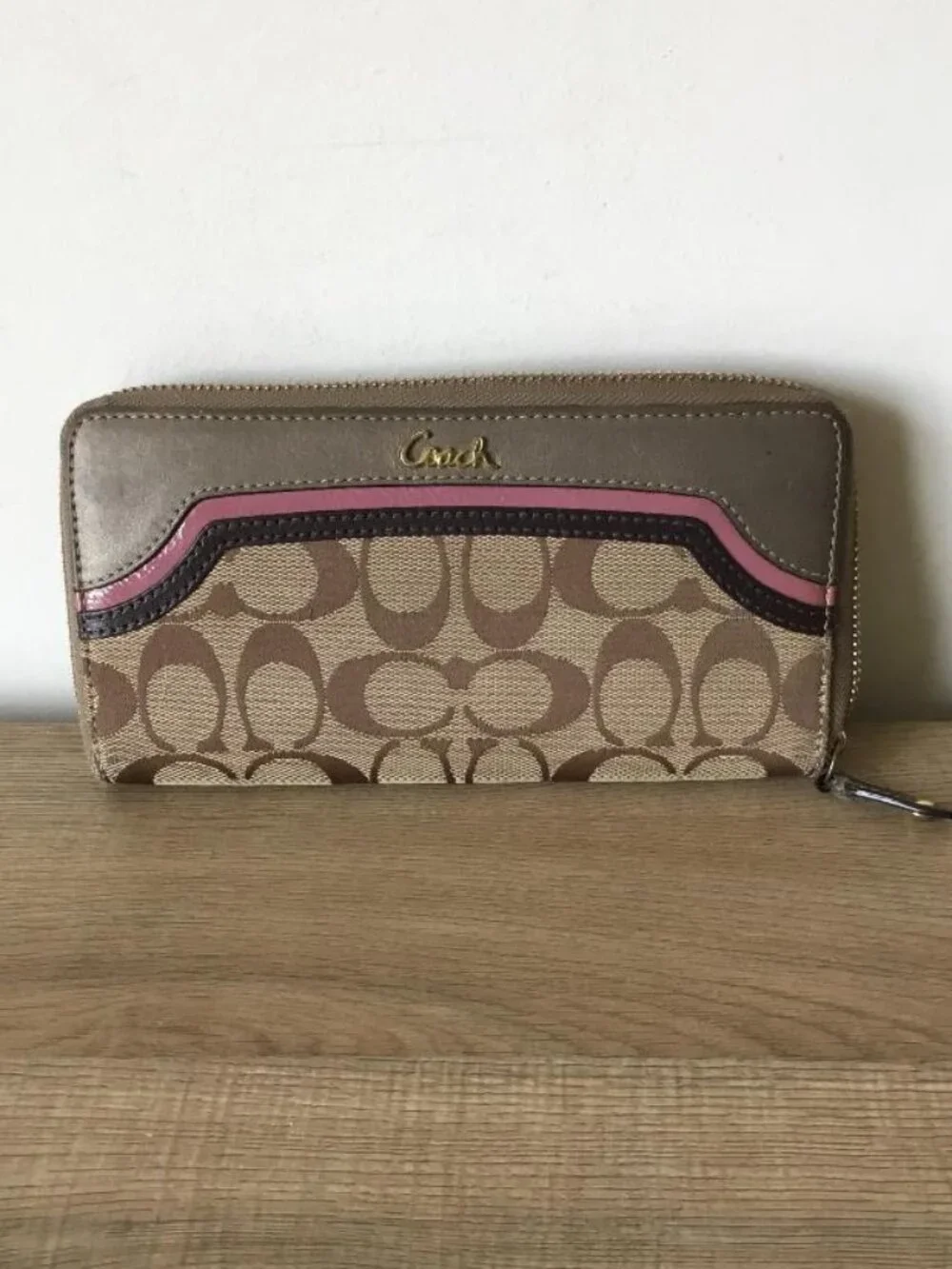 Coach Signature Zip Wallet in Tan with Pink Accent